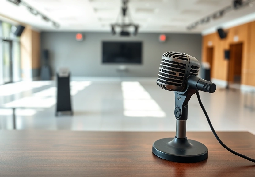 Microfone sobre a mesa de uma sala de imprensa vazia