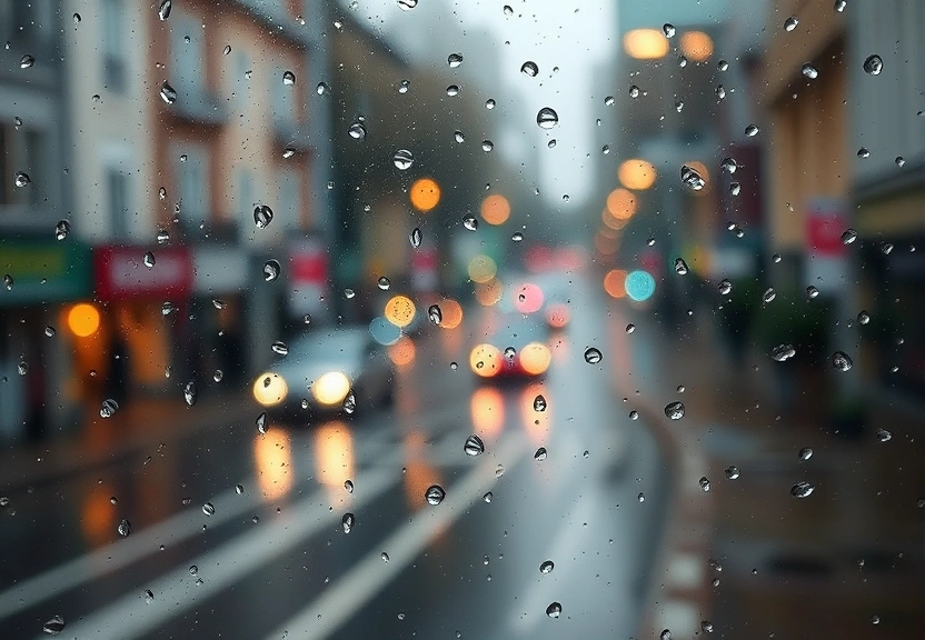 Janela com gotas de chuva e a rua desfocada ao fundo