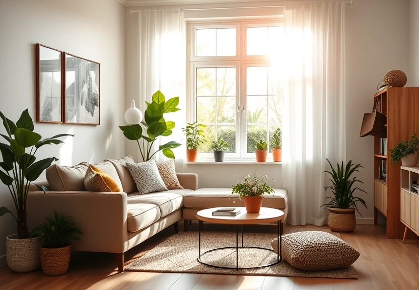 Sala clara com sofá e plantas, sob a luz da tarde vinda da janela