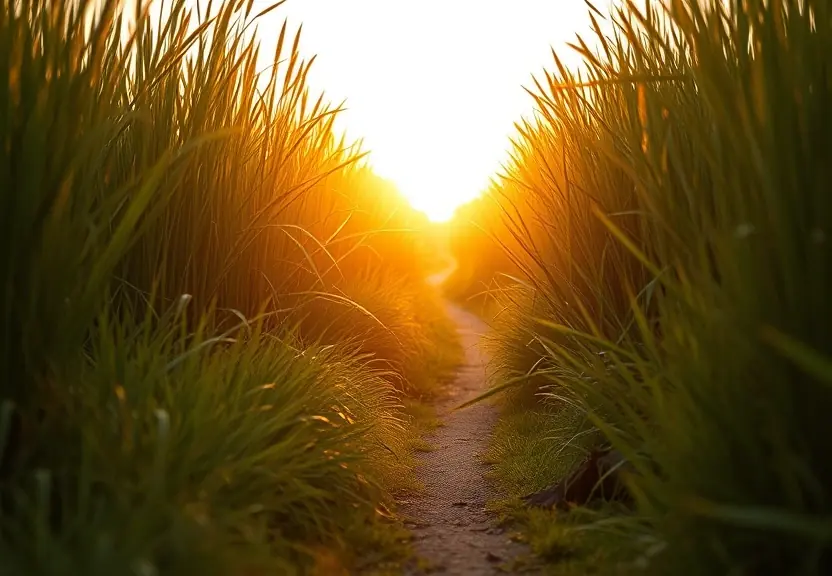 Trilha em meio ao capim alto, na luz do fim da tarde