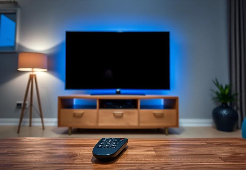 Televisão da sala ligada à noite, com o controle remoto sobre a mesa