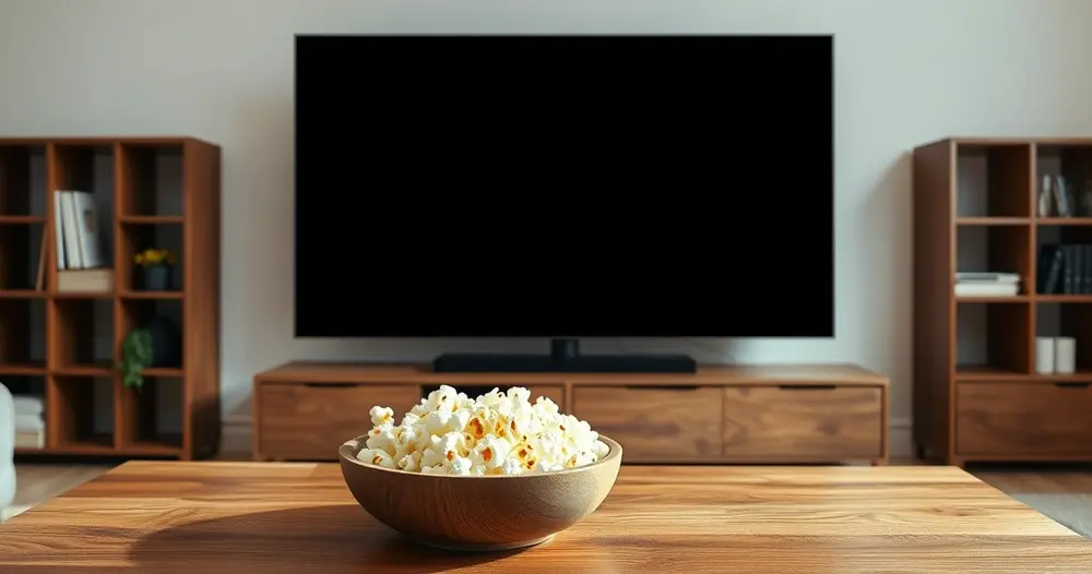 tigela de pipoca sobre mesa de centro em frente a televisor desligado