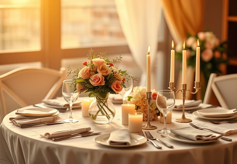 Mesa posta para uma pequena comemoração, com flores e velas