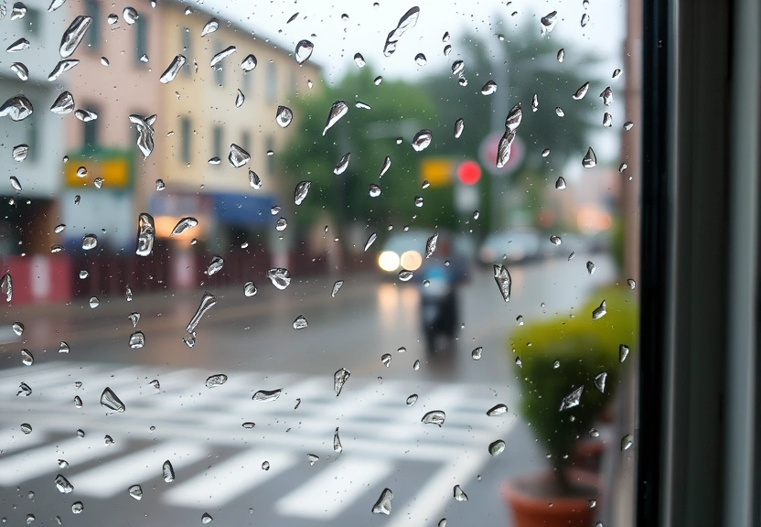 Janela com gotas de chuva e a rua desfocada ao fundo