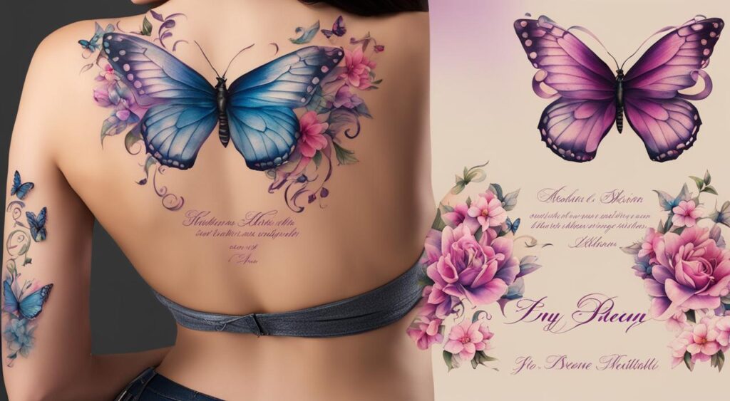 Tatuagem feminina nas costas com flores e frase