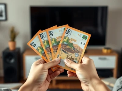 mãos segurando notas de real em frente a uma televisão na sala