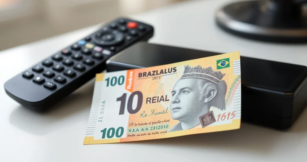 nota de dez reais sobre controle remoto ao lado da televisão