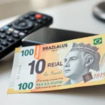 nota de dez reais sobre controle remoto ao lado da televisão