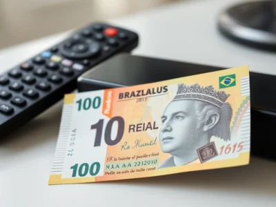 nota de dez reais sobre controle remoto ao lado da televisão