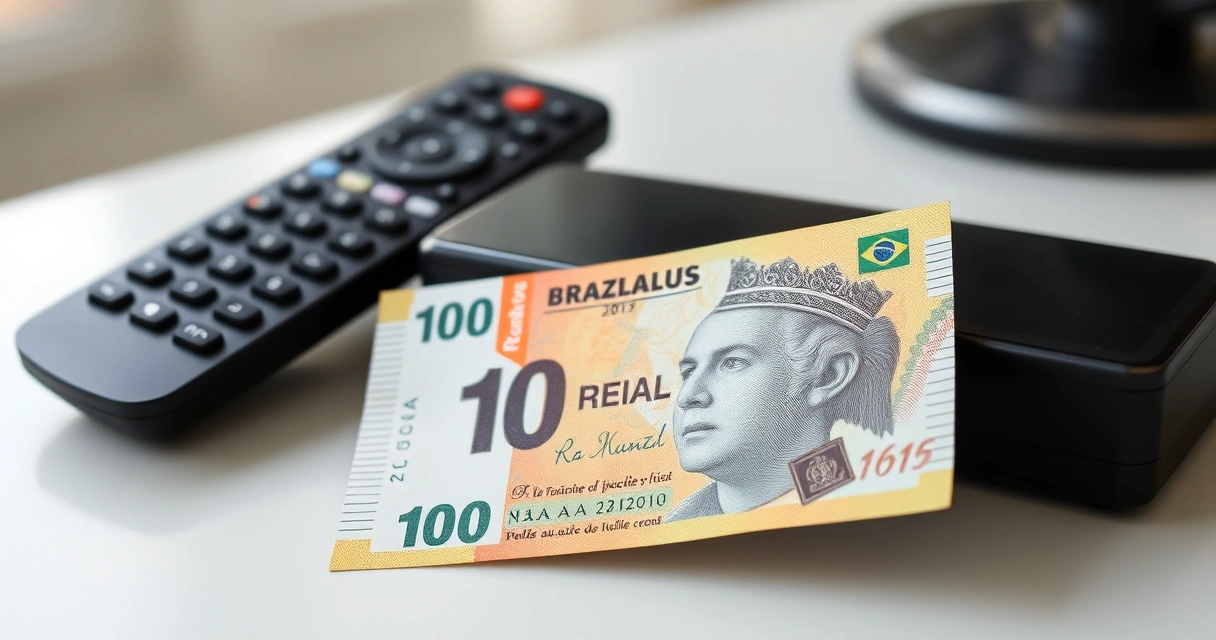 nota de dez reais sobre controle remoto ao lado da televisão